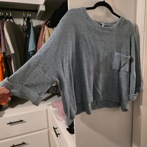 Blue Ribbed Knit Sweater with Pocket